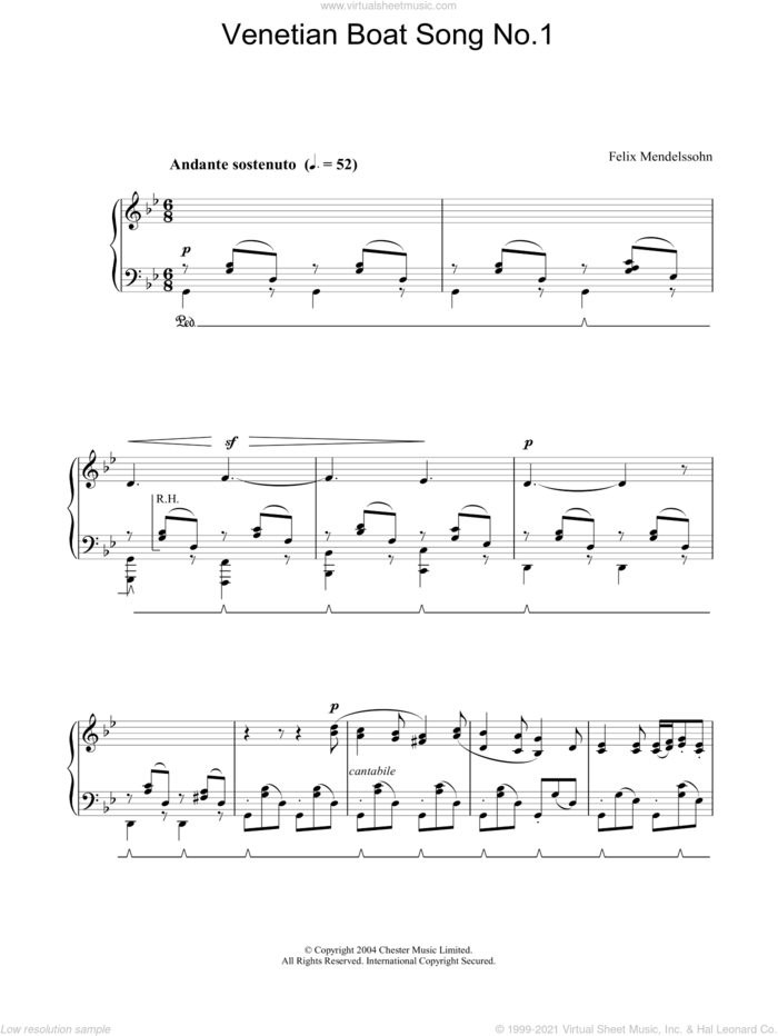 Venetian Boat Song No.1 sheet music for piano solo by Felix Mendelssohn-Bartholdy, classical score, intermediate skill level