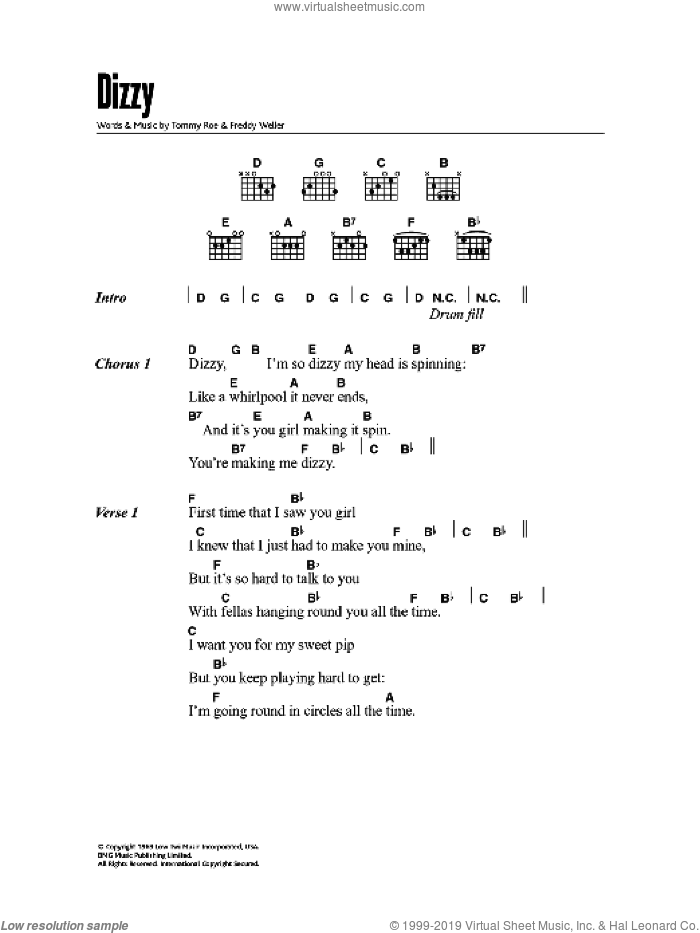 Dizzy sheet music for guitar (chords) by Tommy Roe and Freddy Weller, intermediate skill level
