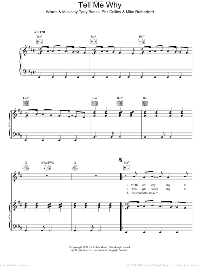 Tell Me Why sheet music for voice, piano or guitar by Genesis, Mike Rutherford, Phil Collins and Tony Banks, intermediate skill level