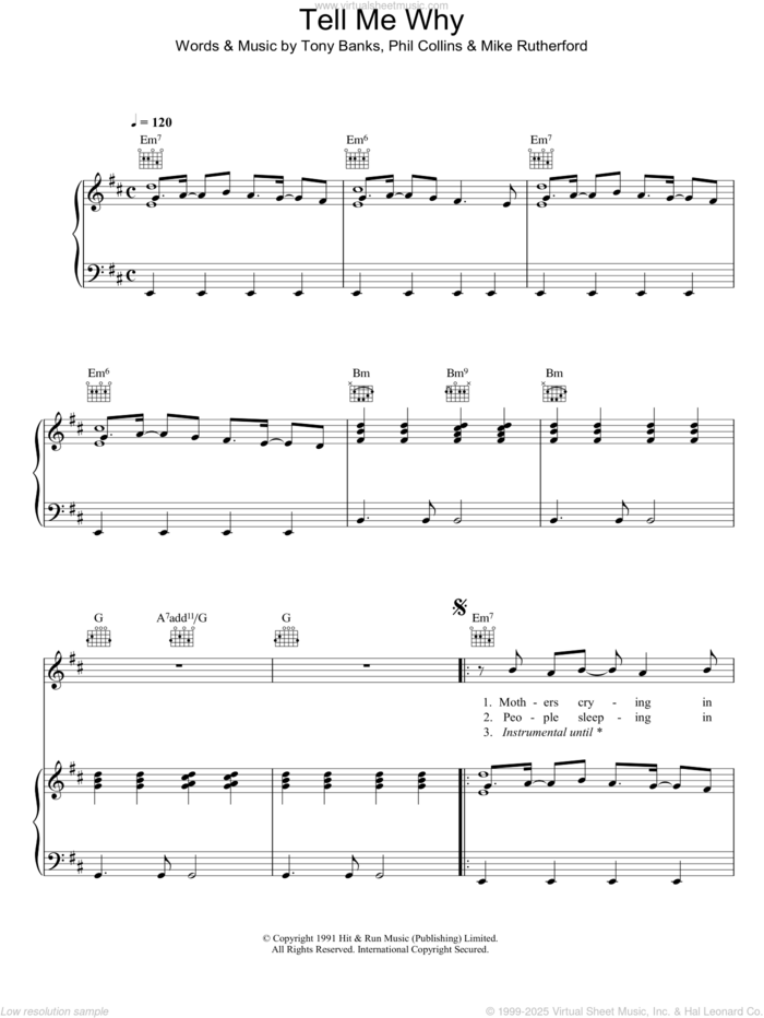 Tell Me Why sheet music for voice, piano or guitar by Genesis, Mike Rutherford, Phil Collins and Tony Banks, intermediate skill level