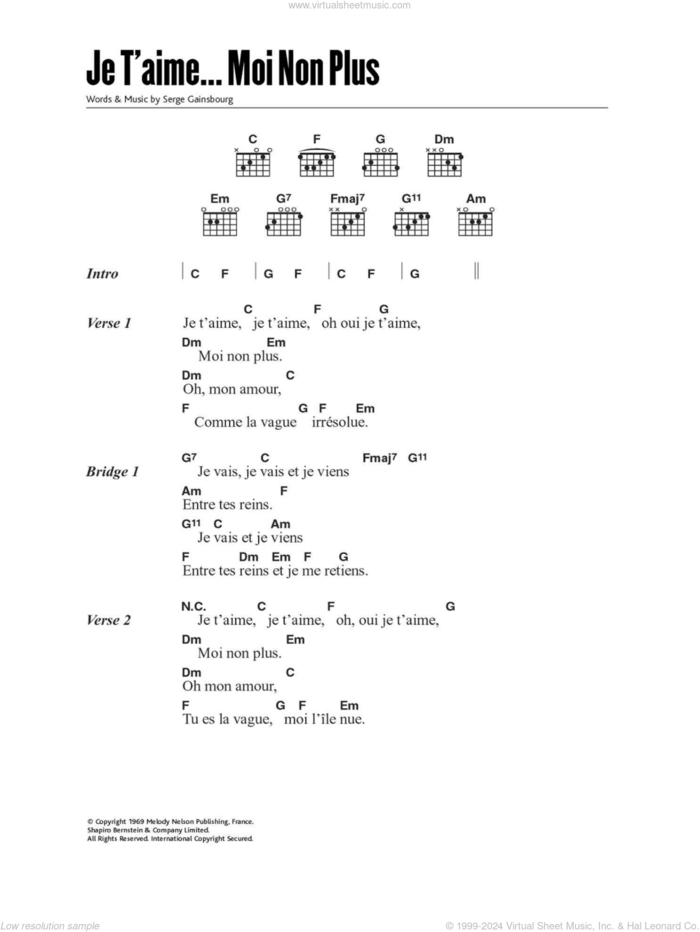 Je T'aime... Moi Non Plus sheet music for guitar (chords) by Serge Gainsbourg, intermediate skill level