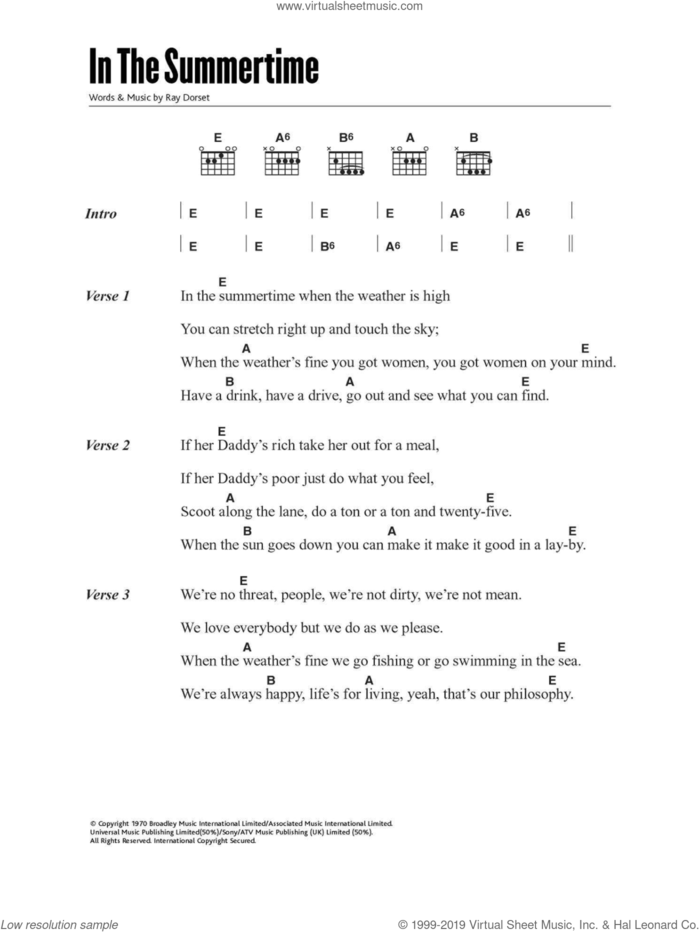 In The Summertime sheet music for guitar (chords) by Mungo Jerry and Ray Dorset, intermediate skill level