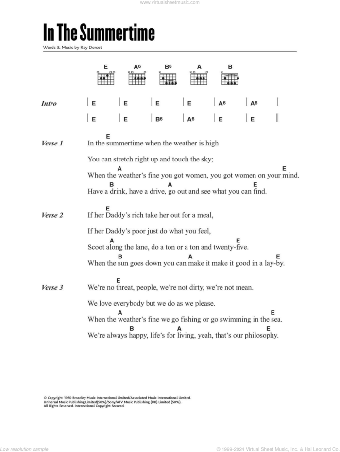 In The Summertime sheet music for guitar (chords) by Mungo Jerry and Ray Dorset, intermediate skill level