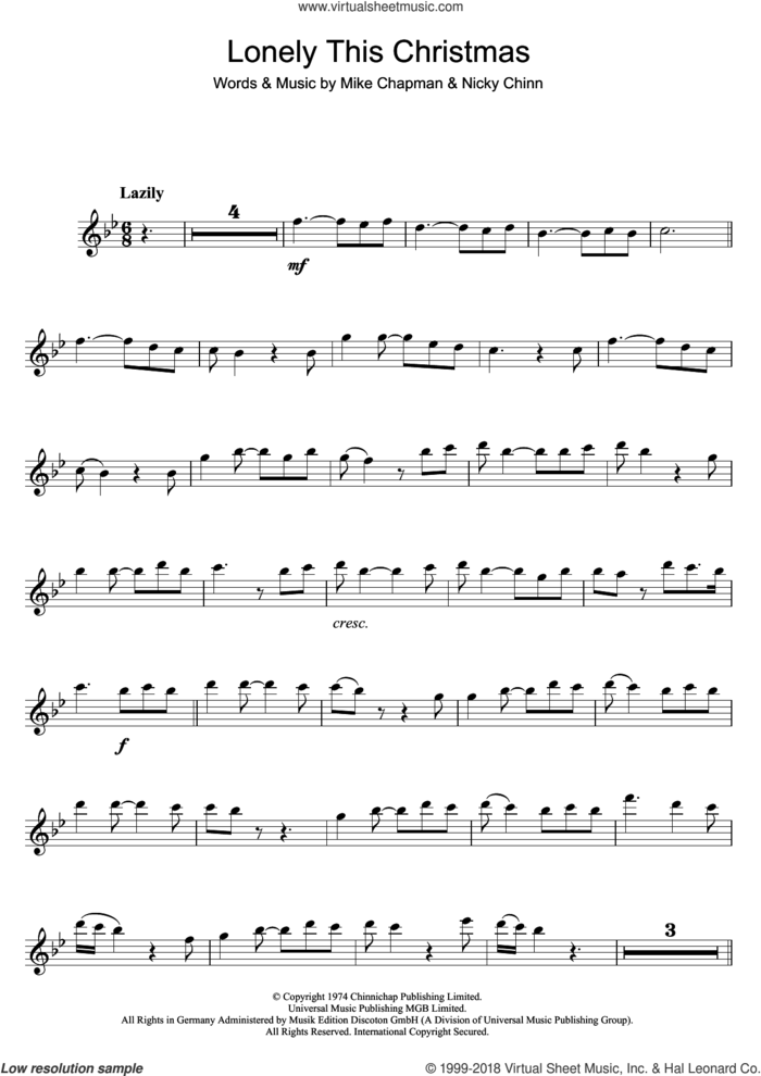 Lonely This Christmas sheet music for flute solo by Mud, Mike Chapman and Nicky Chinn, intermediate skill level
