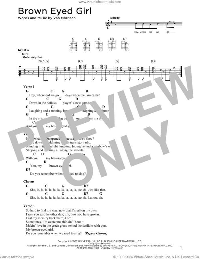 Brown Eyed Girl sheet music for guitar solo by Van Morrison, intermediate skill level