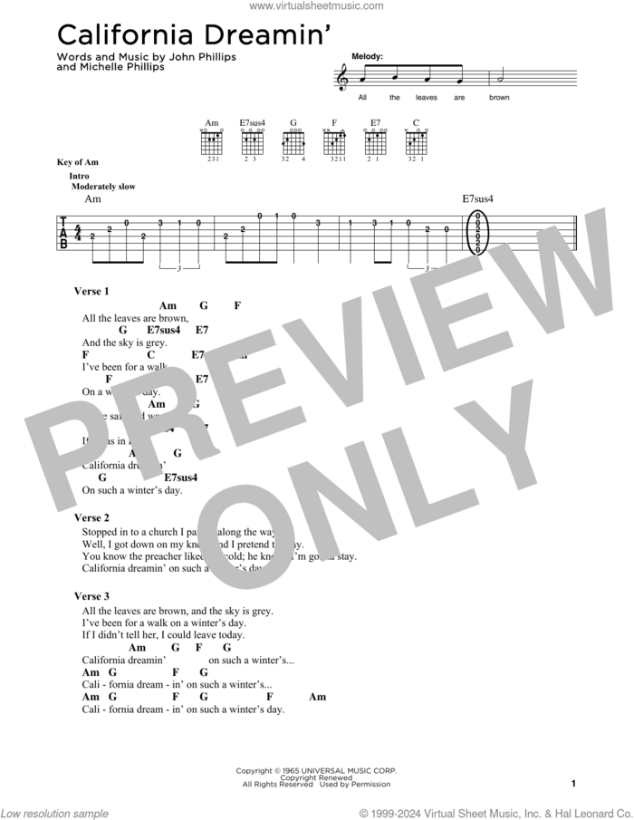 California Dreamin' sheet music for guitar solo (chart) by The Mamas & The Papas, John Phillips and Michelle Phillips, easy guitar (chart)