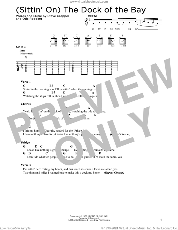 (Sittin' On) The Dock Of The Bay sheet music for guitar solo by Otis Redding and Steve Cropper, intermediate skill level