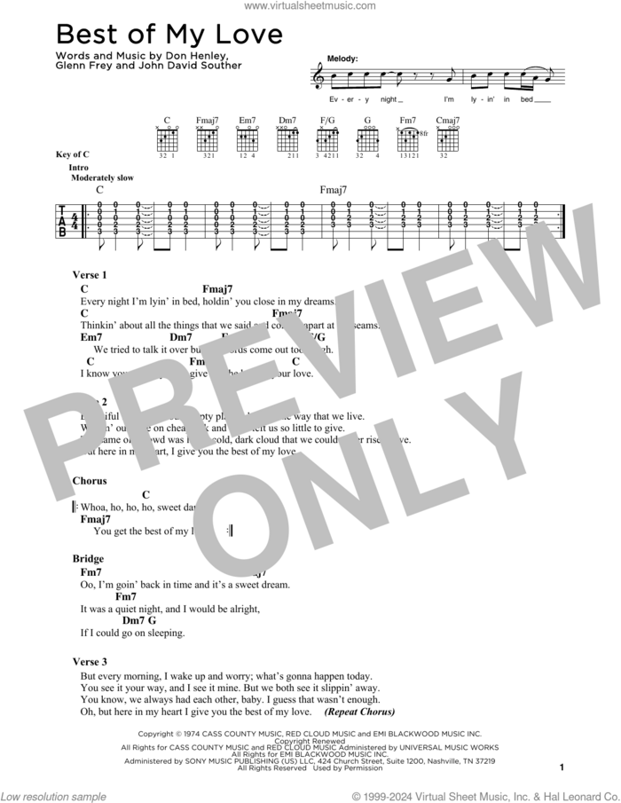 Best Of My Love sheet music for guitar solo by Don Henley, The Eagles, Glenn Frey and John David Souther, intermediate skill level