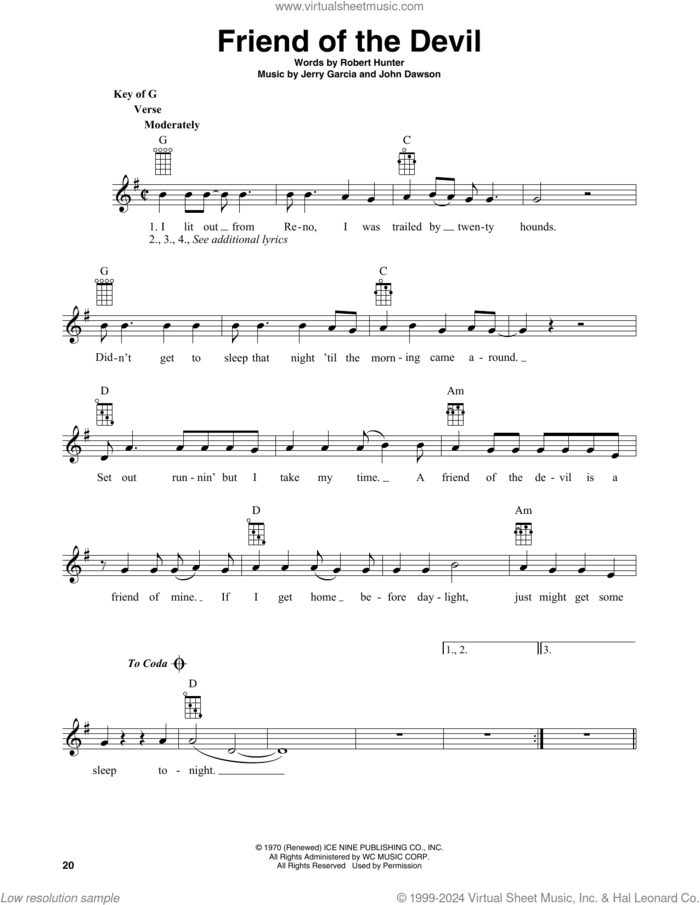 Friend Of The Devil (arr. Fred Sokolow) sheet music for banjo solo by Grateful Dead, Fred Sokolow, Jerry Garcia, John Dawson and Robert Hunter, intermediate skill level