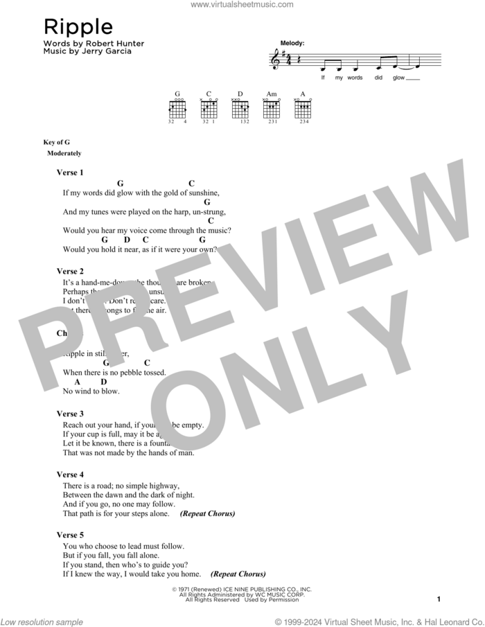 Ripple sheet music for guitar solo by Grateful Dead, Jerry Garcia and Robert Hunter, intermediate skill level