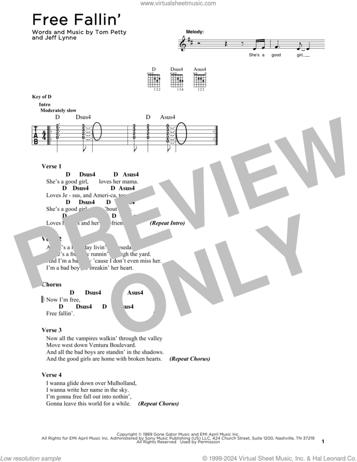 Free Fallin' sheet music for guitar solo by Tom Petty, John Mayer and Jeff Lynne, intermediate skill level