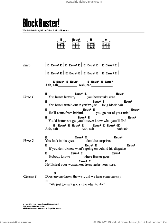Blockbuster sheet music for guitar (chords) by Sweet, Mike Chapman and Nicky Chinn, intermediate skill level