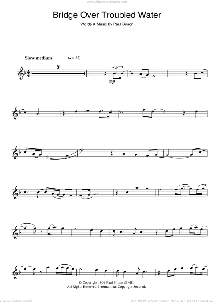 Bridge Over Troubled Water sheet music for flute solo by Simon & Garfunkel and Paul Simon, wedding score, intermediate skill level