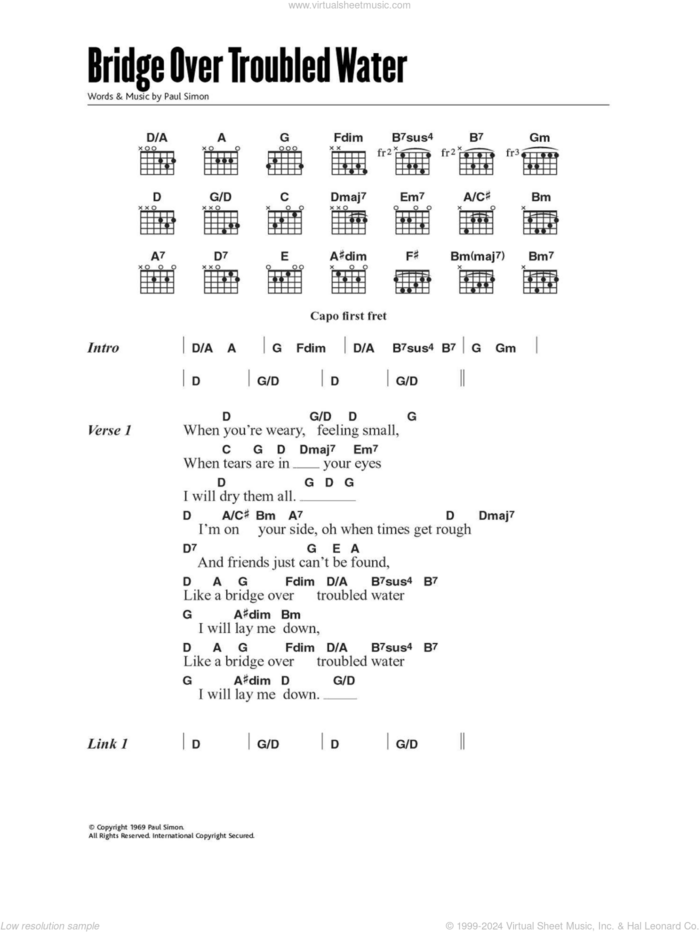 Bridge Over Troubled Water sheet music for guitar (chords) by Simon & Garfunkel and Paul Simon, wedding score, intermediate skill level