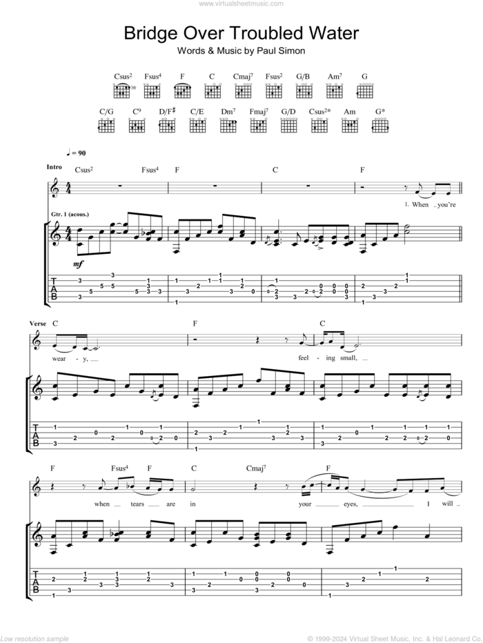 Bridge Over Troubled Water sheet music for guitar (tablature) by Eva Cassidy, Simon & Garfunkel and Paul Simon, wedding score, intermediate skill level