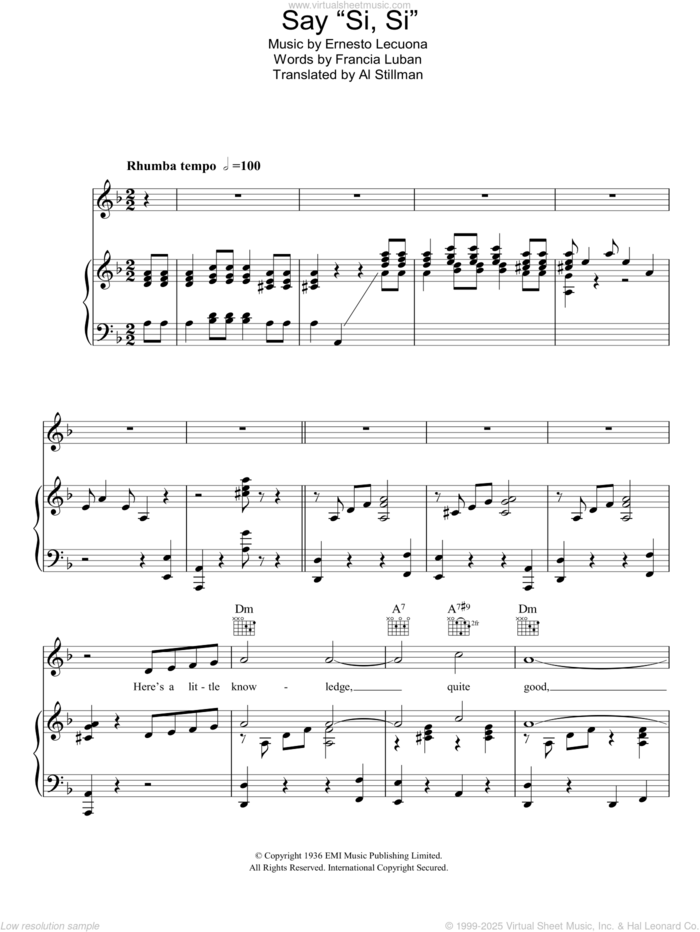 Say 'Si, Si' sheet music for voice, piano or guitar by Ernesto Lecuona, Al Stillman and Francia Luban, intermediate skill level