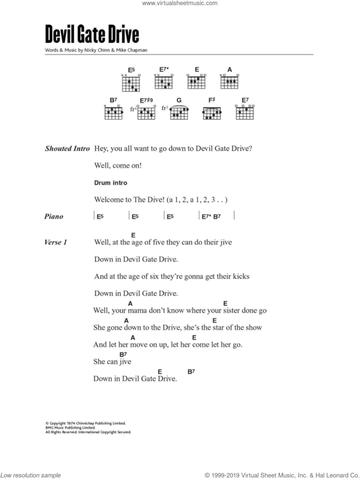 Devil Gate Drive sheet music for guitar (chords) by Suzi Quatro, Mike Chapman and Nicky Chinn, intermediate skill level