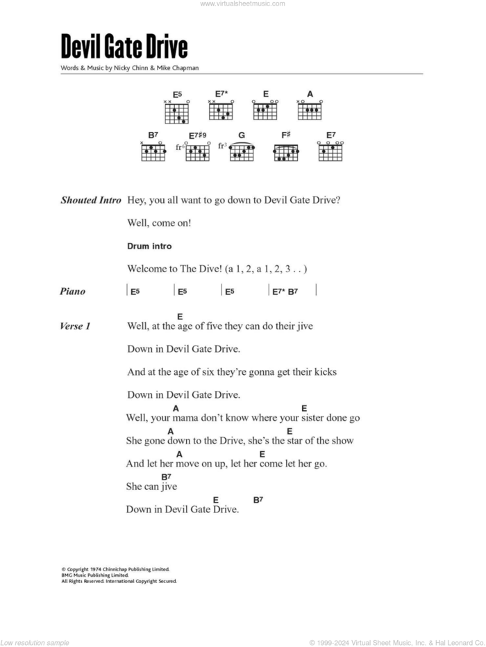 Devil Gate Drive sheet music for guitar (chords) by Suzi Quatro, Mike Chapman and Nicky Chinn, intermediate skill level