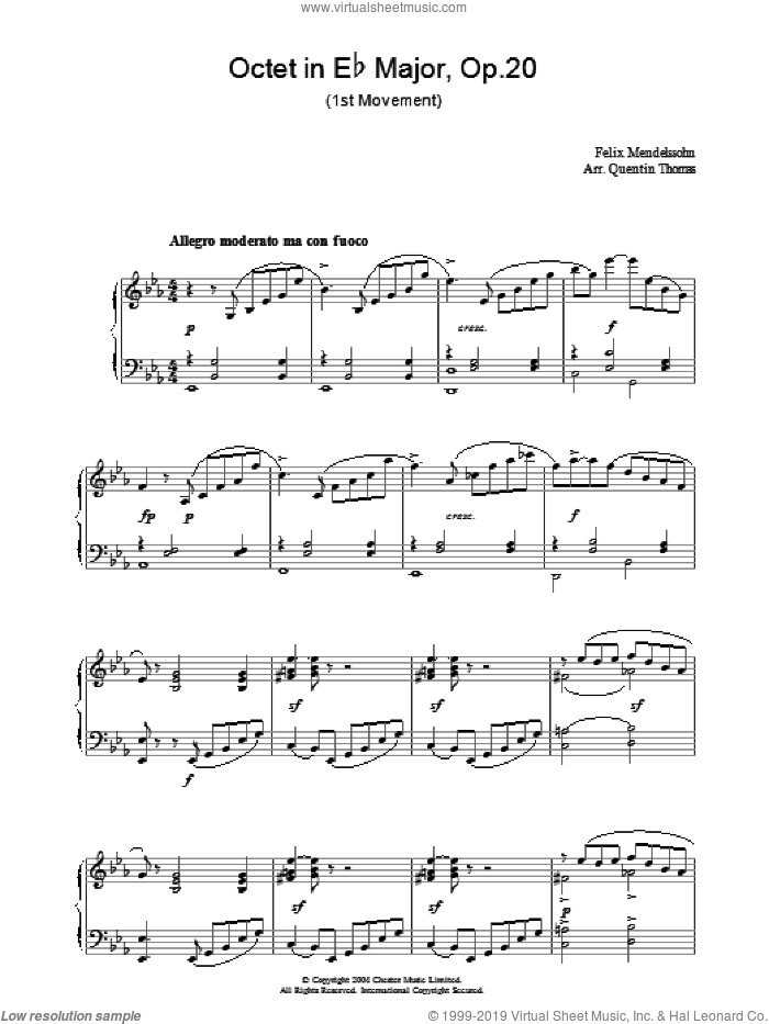 Octet in Eb Major, Op.20 sheet music for piano solo by Felix Mendelssohn-Bartholdy, classical score, intermediate skill level