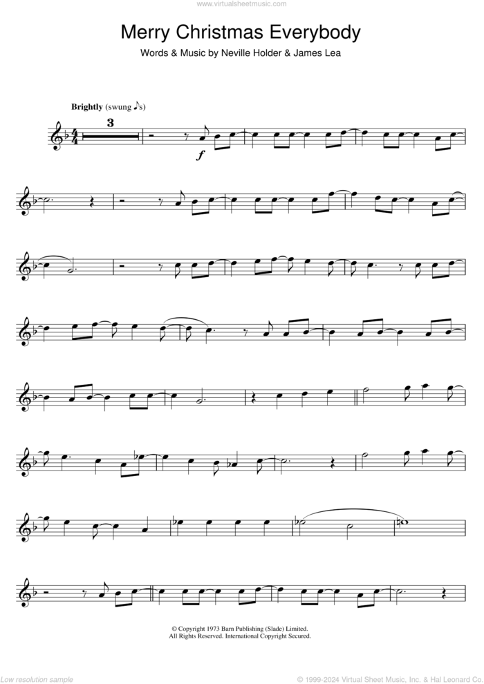 Merry Xmas Everybody sheet music for flute solo by Mud, S Club 7, Slade, James Lea and Neville Holder, intermediate skill level