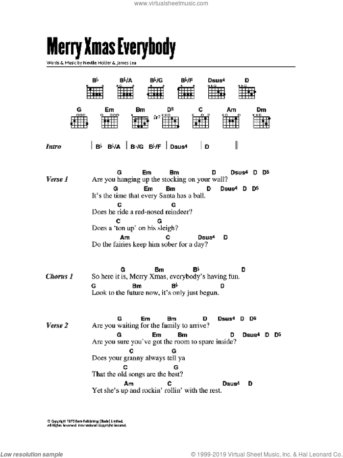 Merry Xmas Everybody sheet music for guitar (chords) by Slade, Mud, James Lea and Neville Holder, intermediate skill level