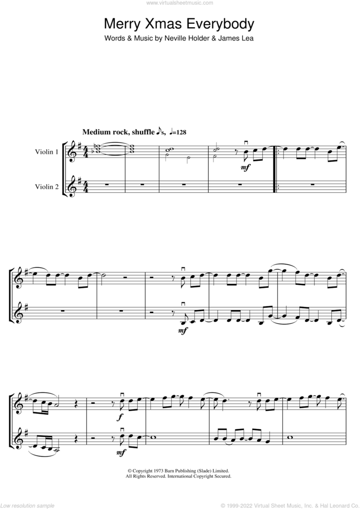 Merry Xmas Everybody sheet music for two violins (duets, violin duets) by Mud, S Club 7, Slade, James Lea and Neville Holder, intermediate skill level