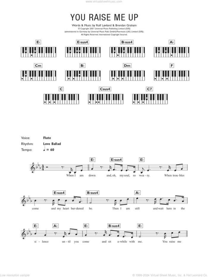 You Raise Me Up, (intermediate) sheet music for piano solo (chords, lyrics, melody) by Westlife, Josh Groban, Brendan Graham and Rolf Lovland, wedding score, intermediate piano (chords, lyrics, melody)