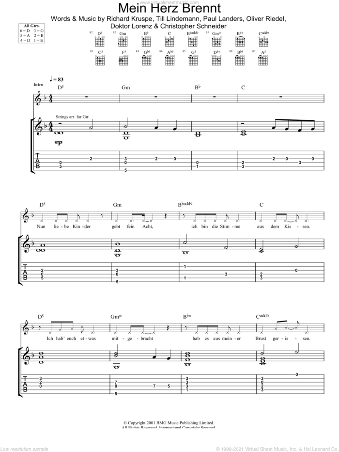 Mein Herz Brennt sheet music for guitar (tablature) by Rammstein, Christopher Schneider, Doktor Lorenz, Oliver Riedel, Paul Landers, Richard Kruspe and Till Lindemann, intermediate skill level