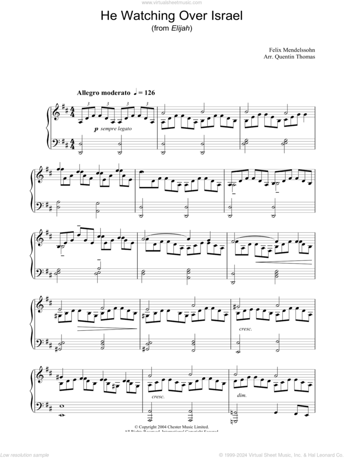 He Watching Over Israel sheet music for piano solo by Felix Mendelssohn-Bartholdy, classical score, intermediate skill level