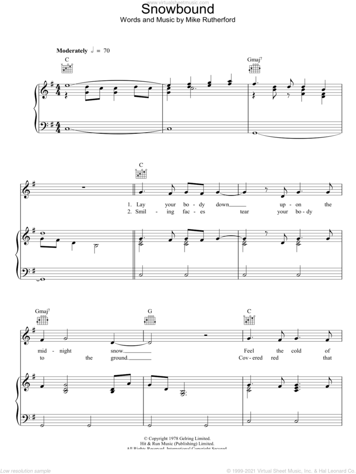 Snowbound sheet music for voice, piano or guitar by Genesis and Mike Rutherford, intermediate skill level