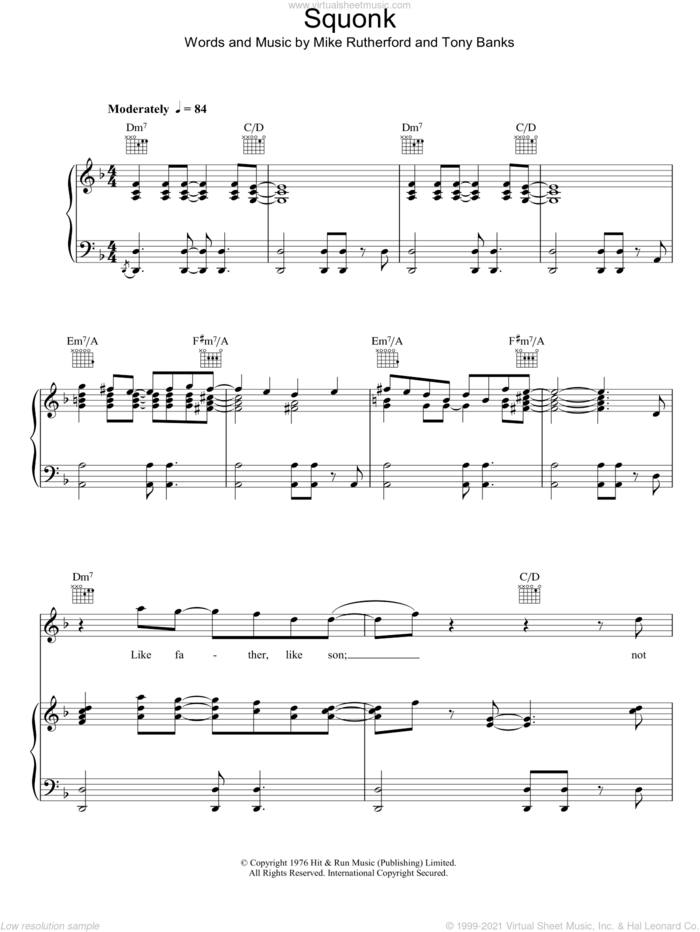 Squonk sheet music for voice, piano or guitar by Genesis, Mike Rutherford and Tony Banks, intermediate skill level