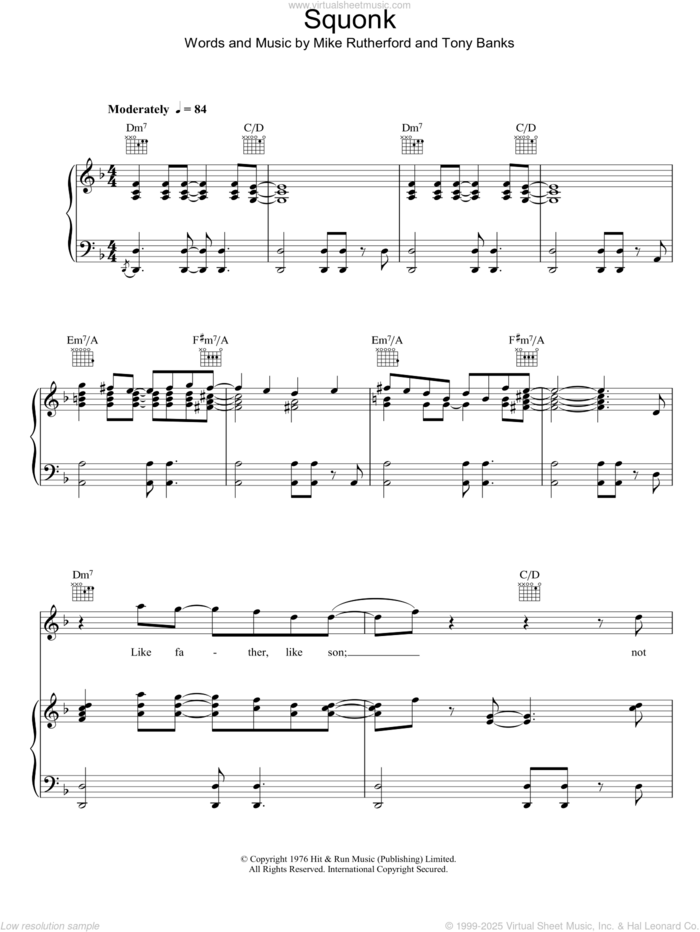 Squonk sheet music for voice, piano or guitar by Genesis, Mike Rutherford and Tony Banks, intermediate skill level