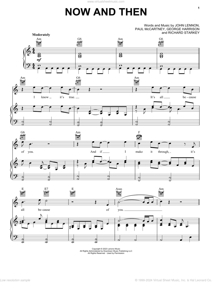 Now And Then sheet music for voice, piano or guitar by The Beatles, George Harrison, John Lennon, Paul McCartney and Richard Starkey, intermediate skill level