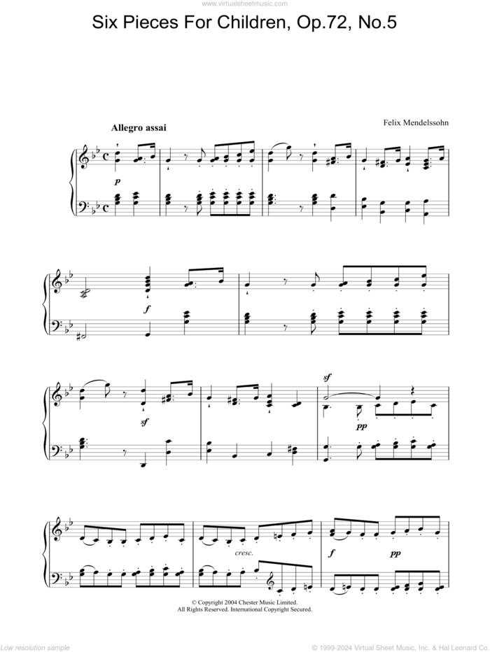 Six Pieces For Children, Op.72, No.5 sheet music for piano solo by Felix Mendelssohn-Bartholdy, classical score, intermediate skill level