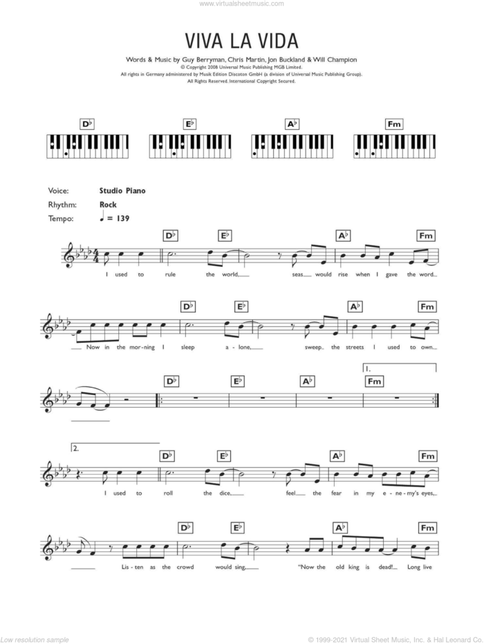 Viva La Vida sheet music for piano solo (chords, lyrics, melody) by Coldplay, Chris Martin, Guy Berryman, Jon Buckland and Will Champion, intermediate piano (chords, lyrics, melody)