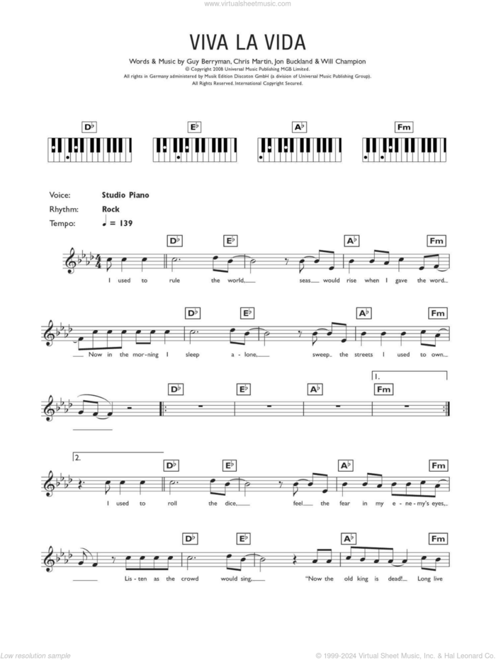 Viva La Vida sheet music for piano solo (chords, lyrics, melody) by Coldplay, Chris Martin, Guy Berryman, Jon Buckland and Will Champion, intermediate piano (chords, lyrics, melody)