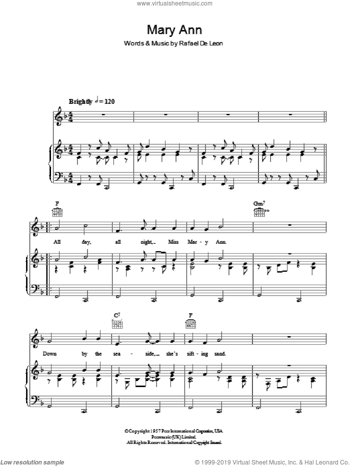Mary Ann sheet music for voice, piano or guitar by Roaring Lion and Rafael De Leon, intermediate skill level