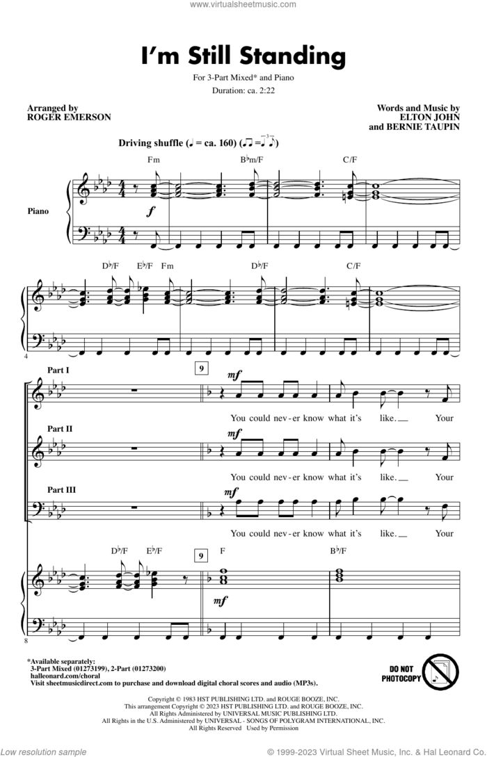 I'm Still Standing (arr. Roger Emerson) sheet music for choir (3-Part Mixed) by Elton John, Roger Emerson and Bernie Taupin, intermediate skill level