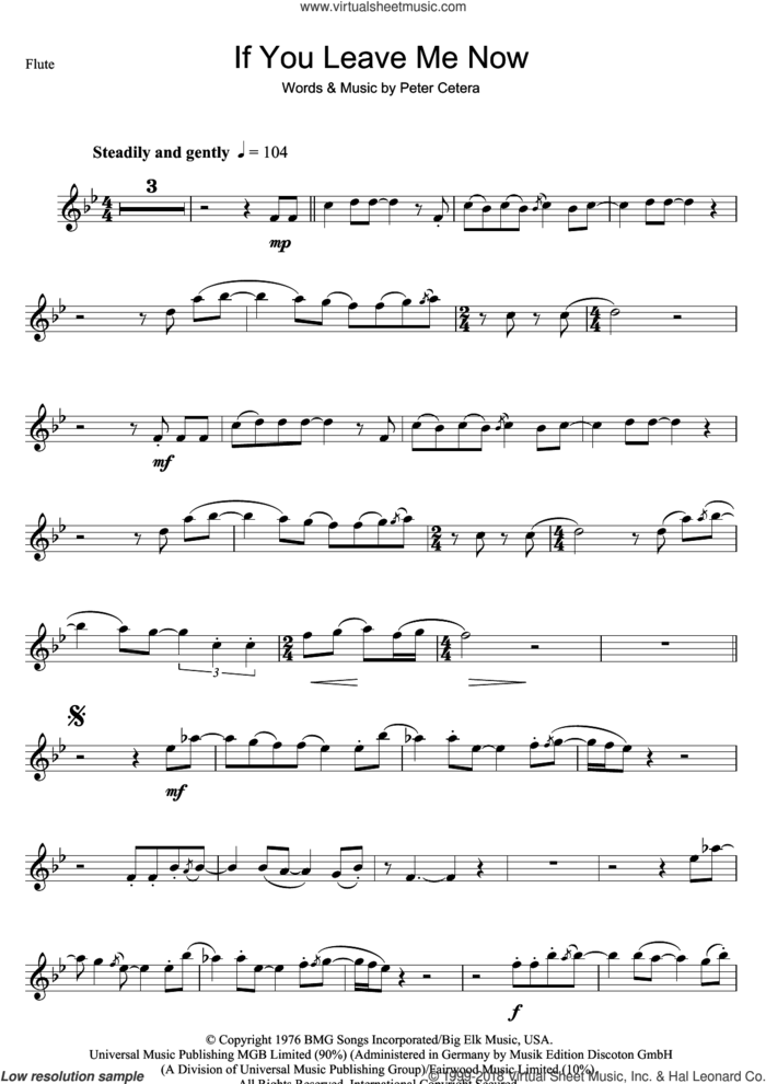 If You Leave Me Now sheet music for flute solo by Chicago and Peter Cetera, intermediate skill level