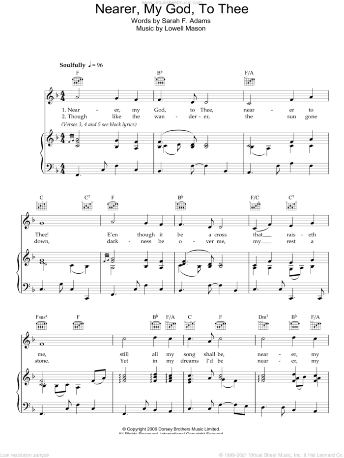 Nearer My God To Thee sheet music for voice, piano or guitar by Lowell Mason and Sarah F. Adams, intermediate skill level