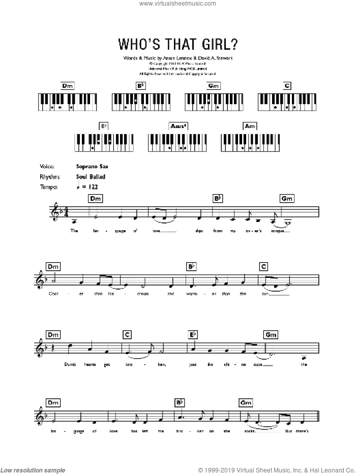 Who's That Girl? sheet music for piano solo (chords, lyrics, melody) by Eurythmics, Annie Lennox and Dave Stewart, intermediate piano (chords, lyrics, melody)