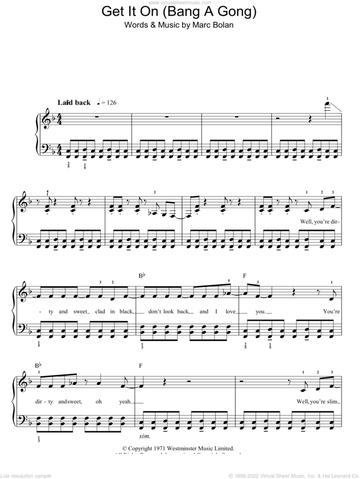 Bang A Gong (Get It On) sheet music for piano solo by T Rex and Marc Bolan, easy skill level