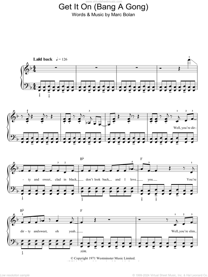 Bang A Gong (Get It On) sheet music for piano solo by T Rex and Marc Bolan, easy skill level