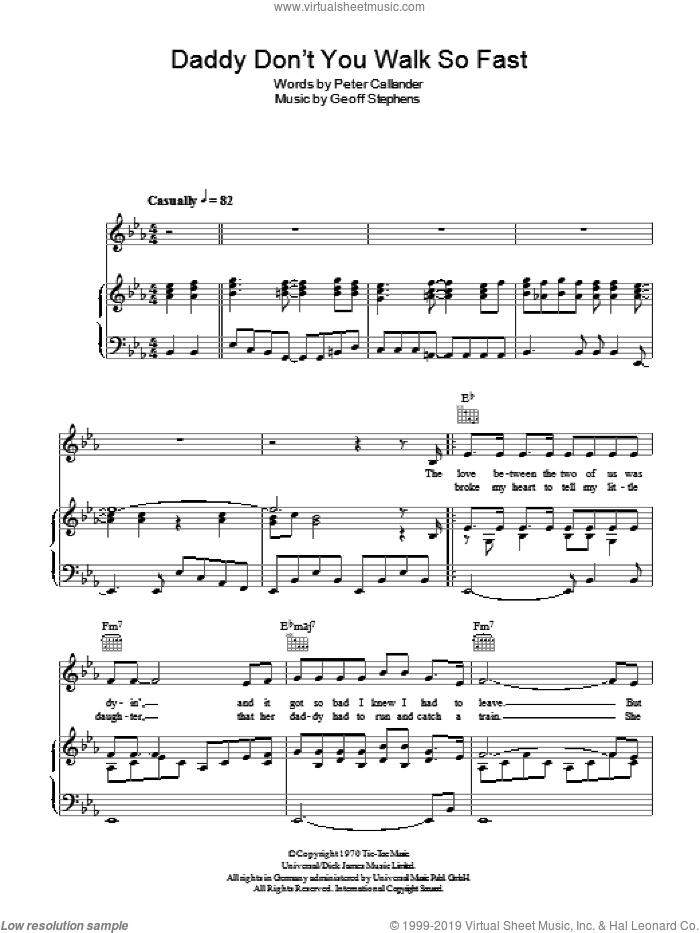 Daddy Don't You Walk So Fast sheet music for voice, piano or guitar by Daniel Boone, Geoff Stephens and Peter Callander, intermediate skill level