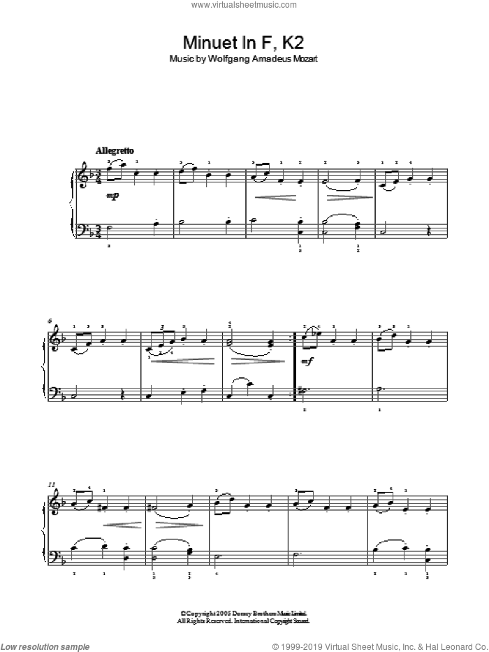 Minuet in F, K2 sheet music for piano solo by Wolfgang Amadeus Mozart, classical score, easy skill level