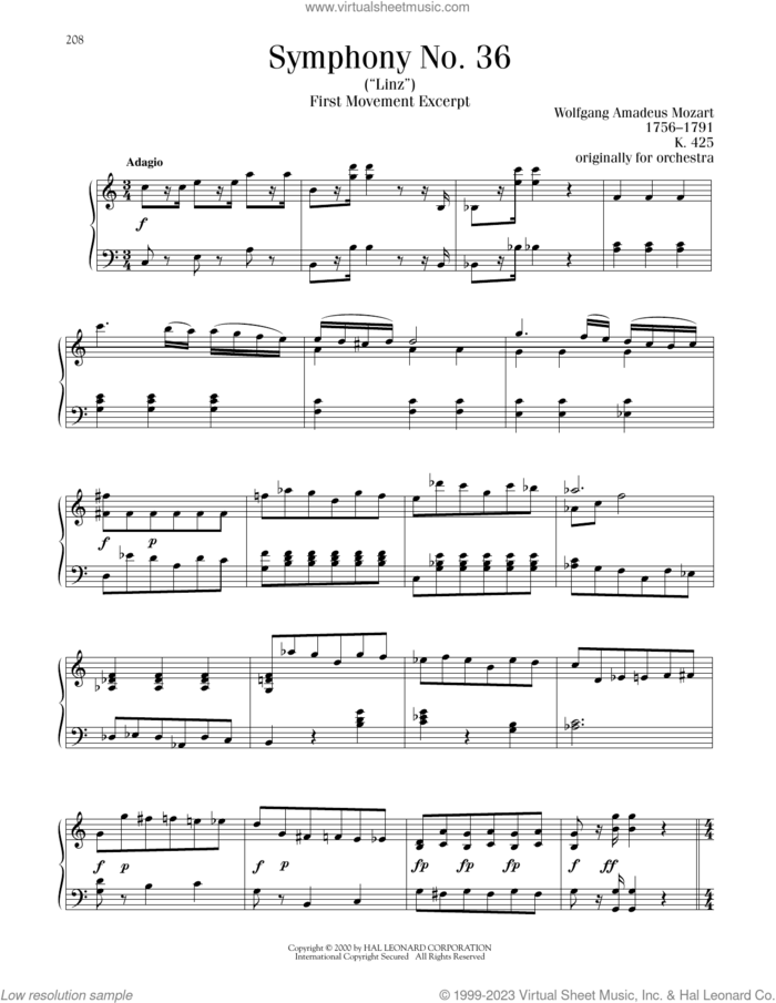 Symphony No. 36 ('Linz'), First Movement Excerpt sheet music for piano solo by Wolfgang Amadeus Mozart, classical score, intermediate skill level
