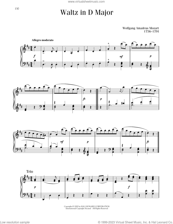 Waltz In D Major sheet music for piano solo by Wolfgang Amadeus Mozart, classical score, intermediate skill level