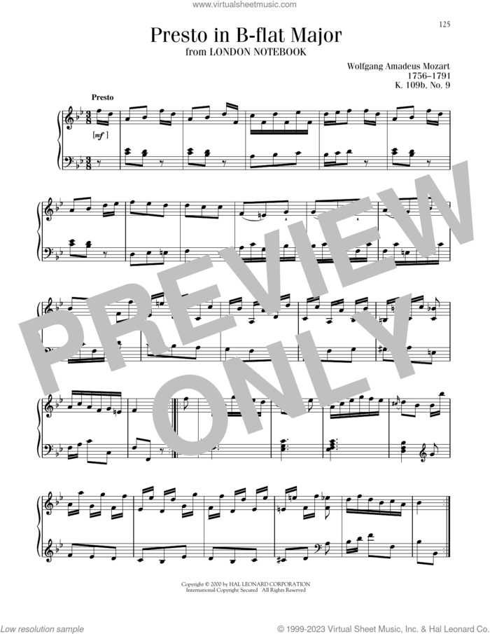 Presto In B-Flat Major, K109b, No. 9 sheet music for piano solo by Wolfgang Amadeus Mozart, classical score, intermediate skill level