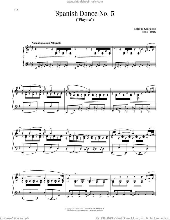 Playera, Op. 5, No. 5 sheet music for piano solo by Enrique Granados, classical score, intermediate skill level