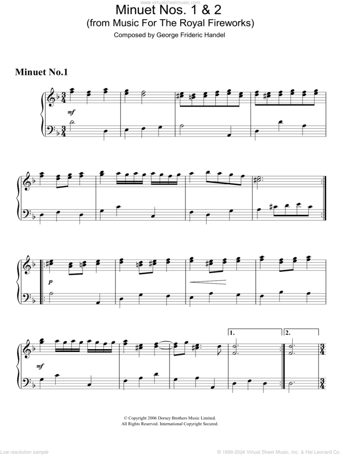 Minuet Nos.1 and 2 (from Music For The Royal Fireworks) sheet music for piano solo by George Frideric Handel, classical score, intermediate skill level